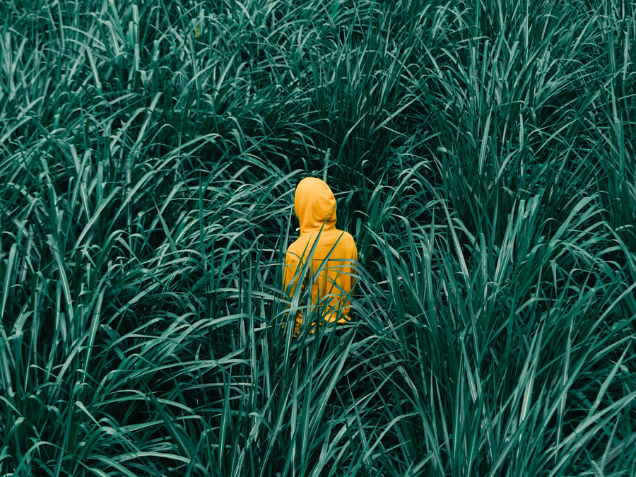 Человек в желтой кофте в зарослях травы