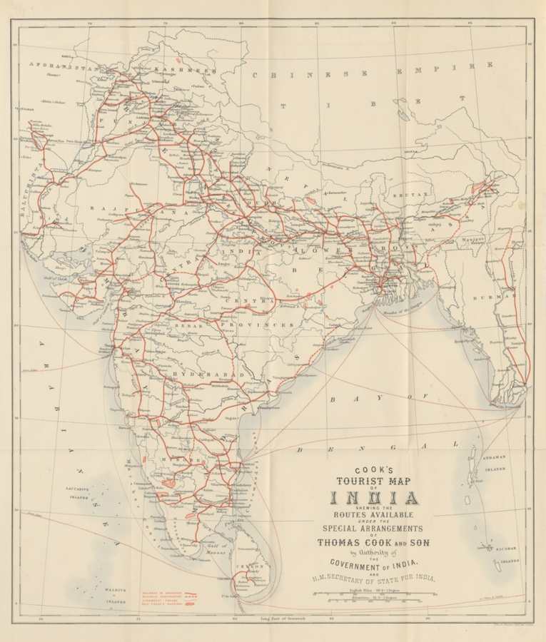 Карта Индии с маршрутами через все достопримечательности от компании «Томас Кук и сын»